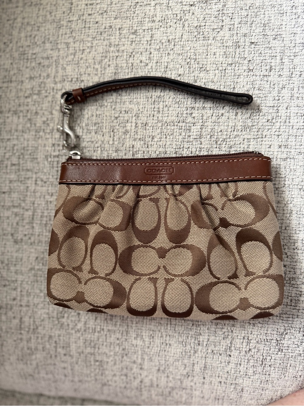 Coach Y2K Tan & Brown Signature Canvas Wristlet Pouch.